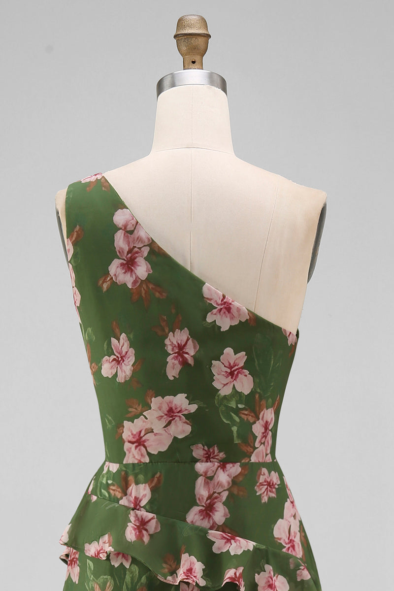 Load image into Gallery viewer, One Shoulder Dark Green Ruffled Floral Long A Line Formal Dress with Slit