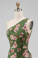 Load image into Gallery viewer, One Shoulder Dark Green Ruffled Floral Long A Line Formal Dress with Slit