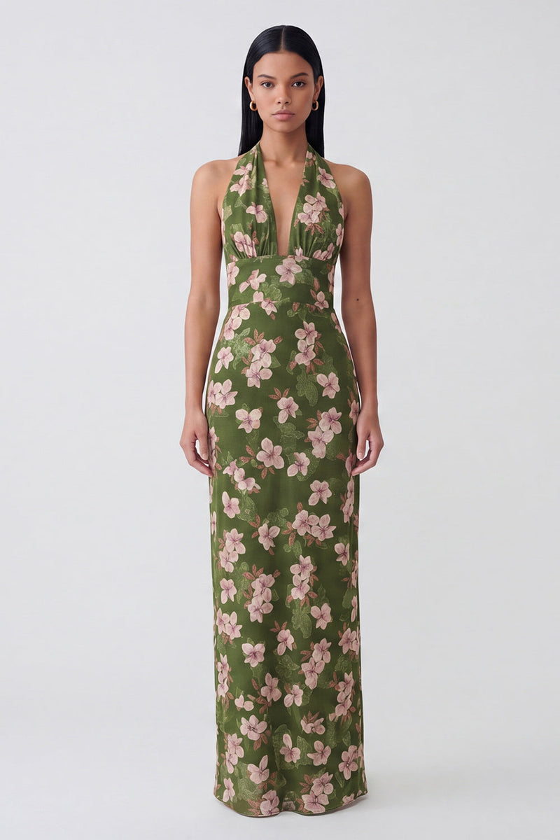 Load image into Gallery viewer, Dark Green Halter Floral Backless Long Sheath Formal Dress