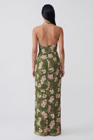 Load image into Gallery viewer, Dark Green Halter Floral Backless Long Sheath Formal Dress