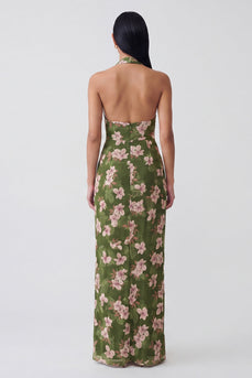 Dark Green Halter Floral Backless Long Sheath Formal Dress