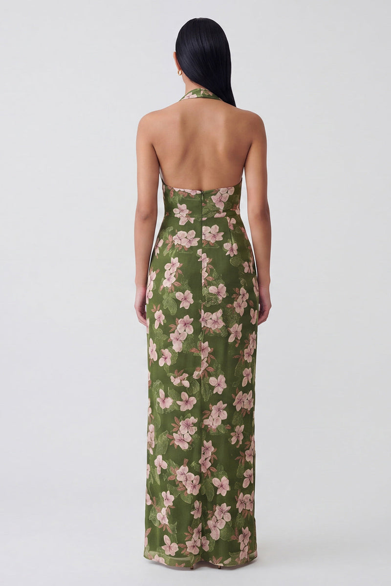 Load image into Gallery viewer, Dark Green Halter Floral Backless Long Sheath Formal Dress