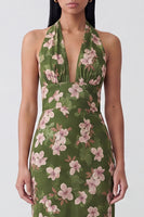 Load image into Gallery viewer, Dark Green Halter Floral Backless Long Sheath Formal Dress