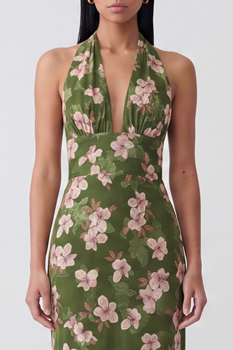 Load image into Gallery viewer, Dark Green Halter Floral Backless Long Sheath Formal Dress