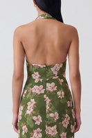 Load image into Gallery viewer, Dark Green Halter Floral Backless Long Sheath Formal Dress
