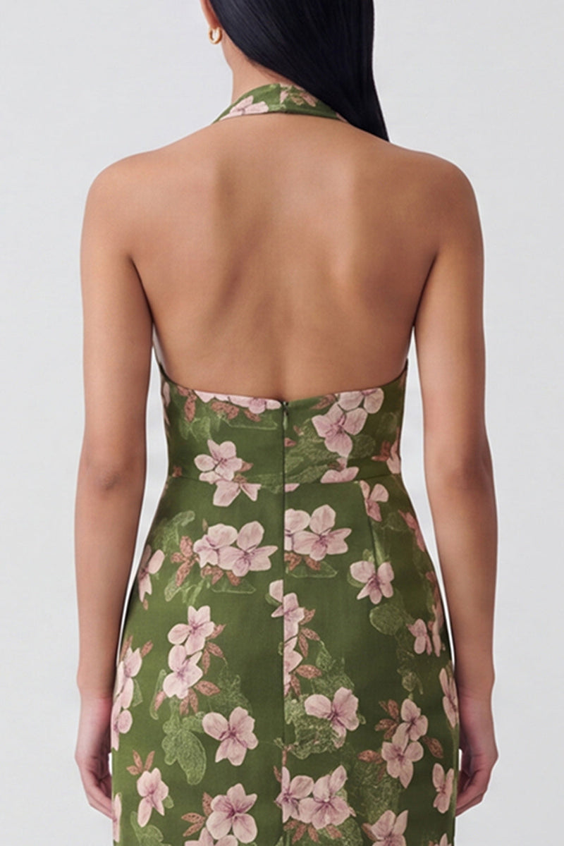 Load image into Gallery viewer, Dark Green Halter Floral Backless Long Sheath Formal Dress