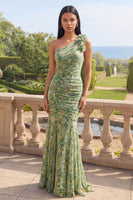 Load image into Gallery viewer, One Shoulder Dusty Green Maxi Ruched Mermaid Formal Dress with 3D Flowers