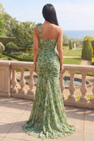 Load image into Gallery viewer, One Shoulder Dusty Green Maxi Ruched Mermaid Formal Dress with 3D Flowers