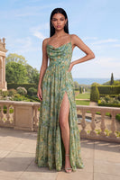 Load image into Gallery viewer, Dusty Green Spaghetti Straps Floral Ruched Maxi A Line Formal Dress with Slit