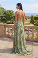 Load image into Gallery viewer, Dusty Green Spaghetti Straps Floral Ruched Maxi A Line Formal Dress with Slit
