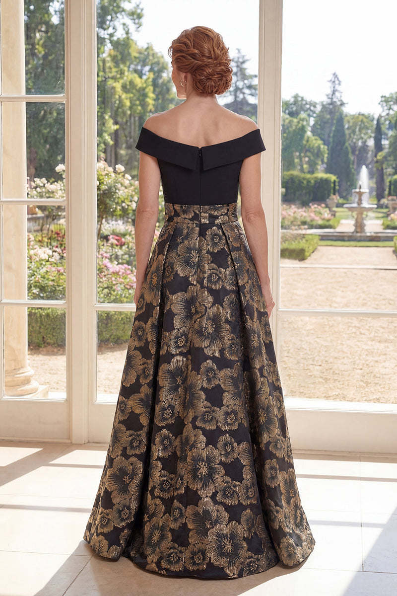 Load image into Gallery viewer, Floral Black Off the Shoulder A Line Long Mother of the Bride Dress