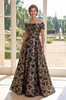 Load image into Gallery viewer, Floral A Line Long Ruched Black Off the Shoulder Mother of the Bride Dress
