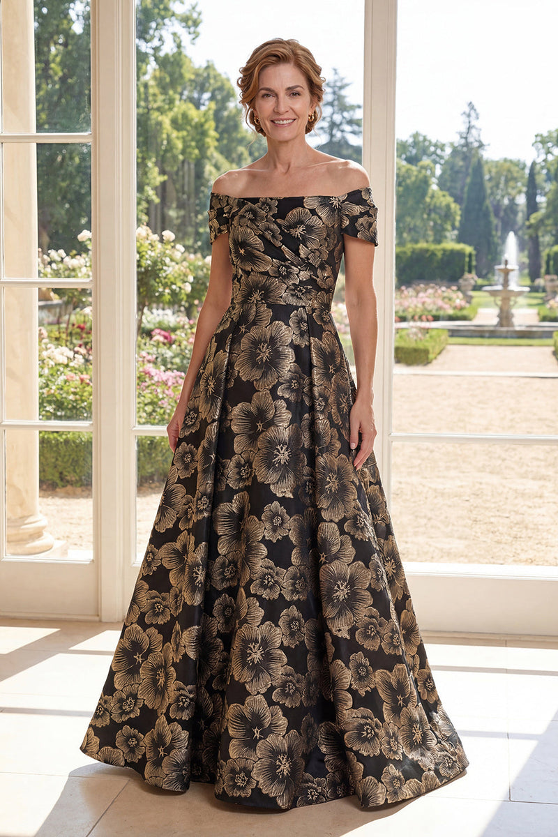 Load image into Gallery viewer, Floral A Line Long Ruched Black Off the Shoulder Mother of the Bride Dress
