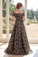 Load image into Gallery viewer, Floral A Line Long Ruched Black Off the Shoulder Mother of the Bride Dress