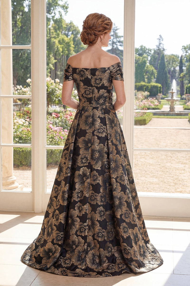 Load image into Gallery viewer, Floral A Line Long Ruched Black Off the Shoulder Mother of the Bride Dress