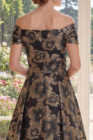 Load image into Gallery viewer, Floral A Line Long Ruched Black Off the Shoulder Mother of the Bride Dress