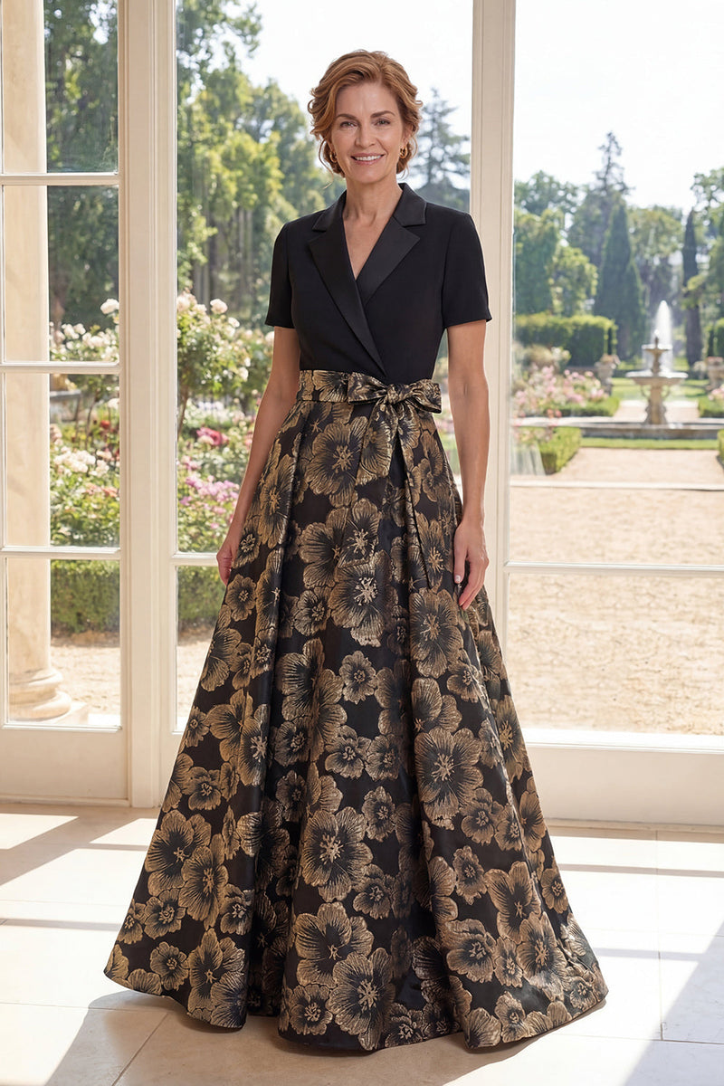 Load image into Gallery viewer, Floral Black Notched Lapel A Line Long Mother of the Bride Dress with Bow