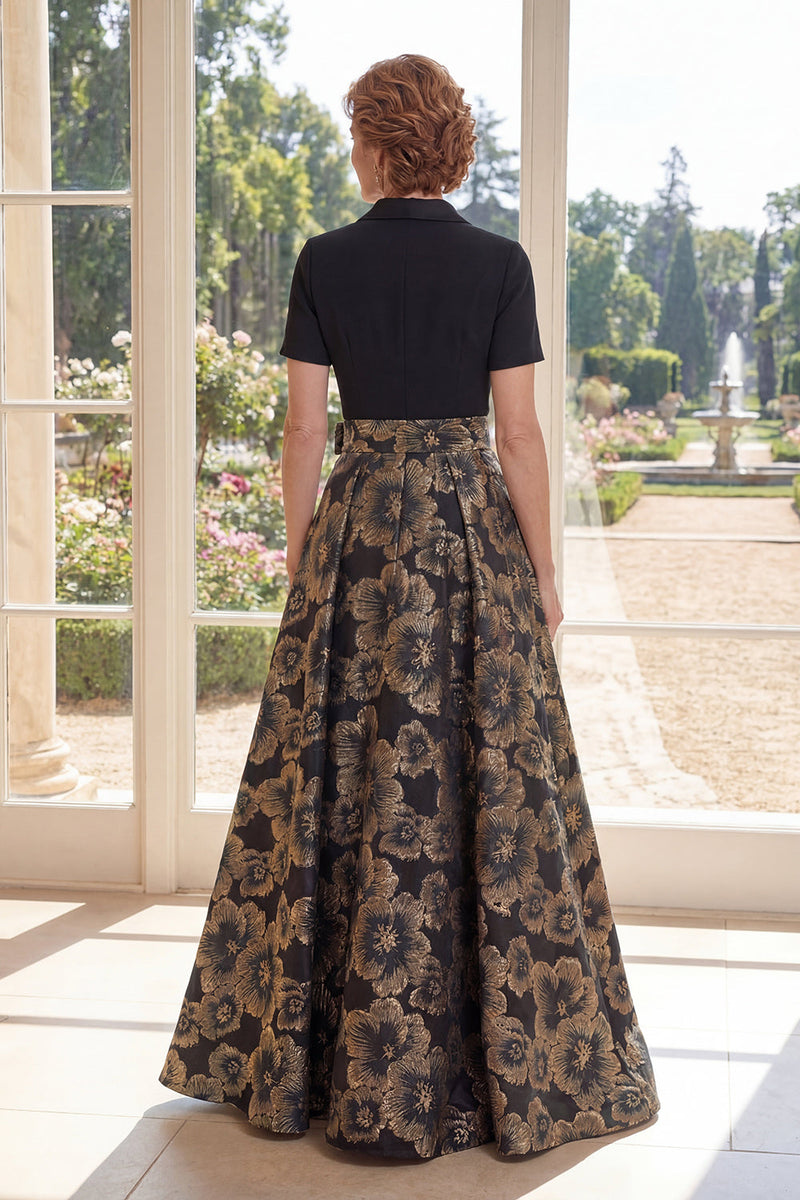 Load image into Gallery viewer, Floral Black Notched Lapel A Line Long Mother of the Bride Dress with Bow