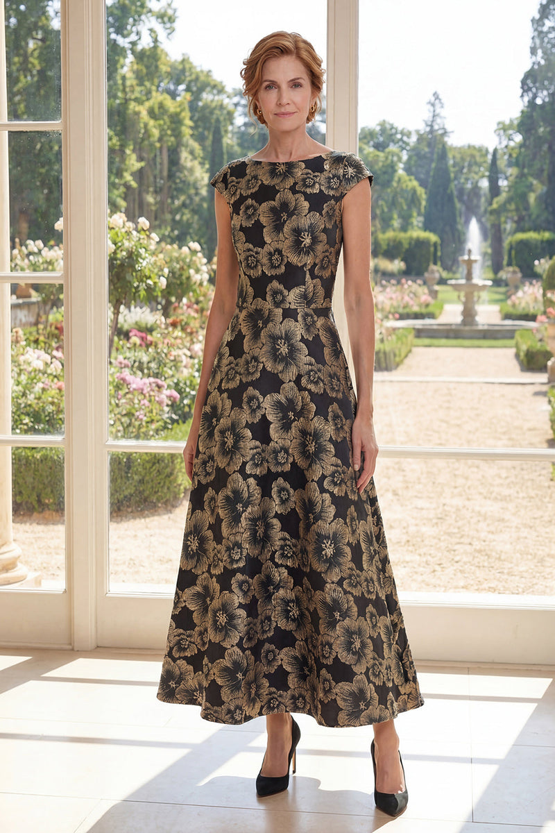 Load image into Gallery viewer, Floral Bateau Neck Black A Line Maxi Mother of the Bride Dress