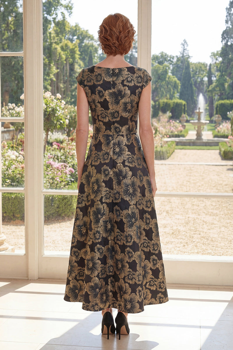 Load image into Gallery viewer, Floral Bateau Neck Black A Line Maxi Mother of the Bride Dress