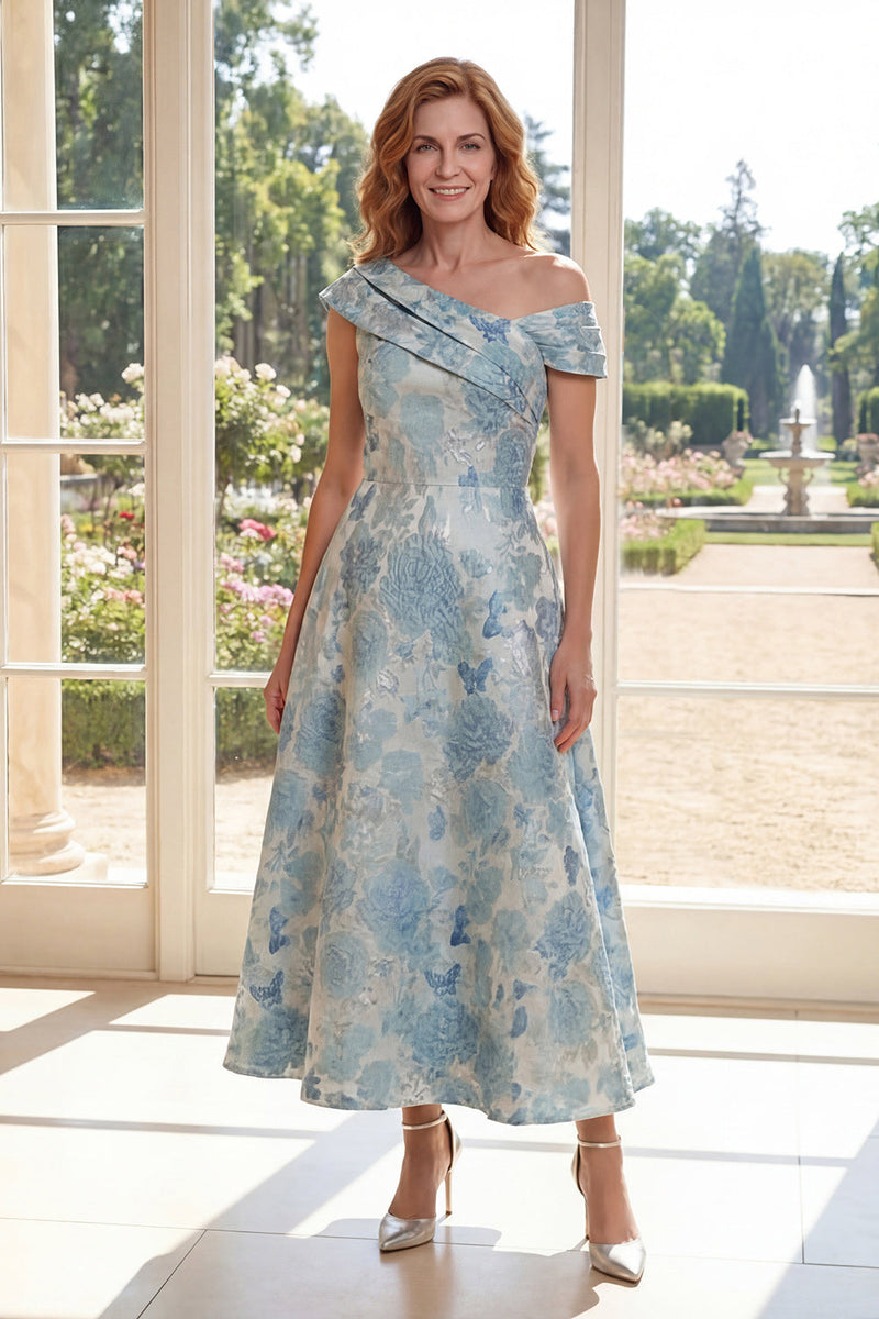 Load image into Gallery viewer, Blue One Shoulder Floral A Line Maxi Mother of the Bride Dress