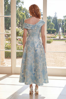 Blue One Shoulder Floral A Line Maxi Mother of the Bride Dress