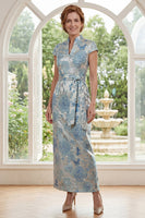 Load image into Gallery viewer, V-Neck Blue Sheath Floral Maxi Mother of the Bride Dress with Back Slit