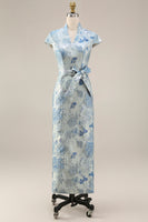 Load image into Gallery viewer, V-Neck Blue Sheath Floral Maxi Mother of the Bride Dress with Back Slit