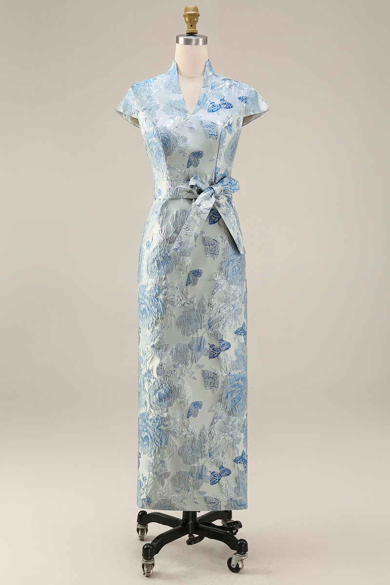 Load image into Gallery viewer, V-Neck Blue Sheath Floral Maxi Mother of the Bride Dress with Back Slit