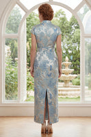 Load image into Gallery viewer, V-Neck Blue Sheath Floral Maxi Mother of the Bride Dress with Back Slit