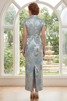 V-Neck Blue Sheath Floral Maxi Mother of the Bride Dress with Back Slit