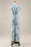 Load image into Gallery viewer, V-Neck Blue Sheath Floral Maxi Mother of the Bride Dress with Back Slit