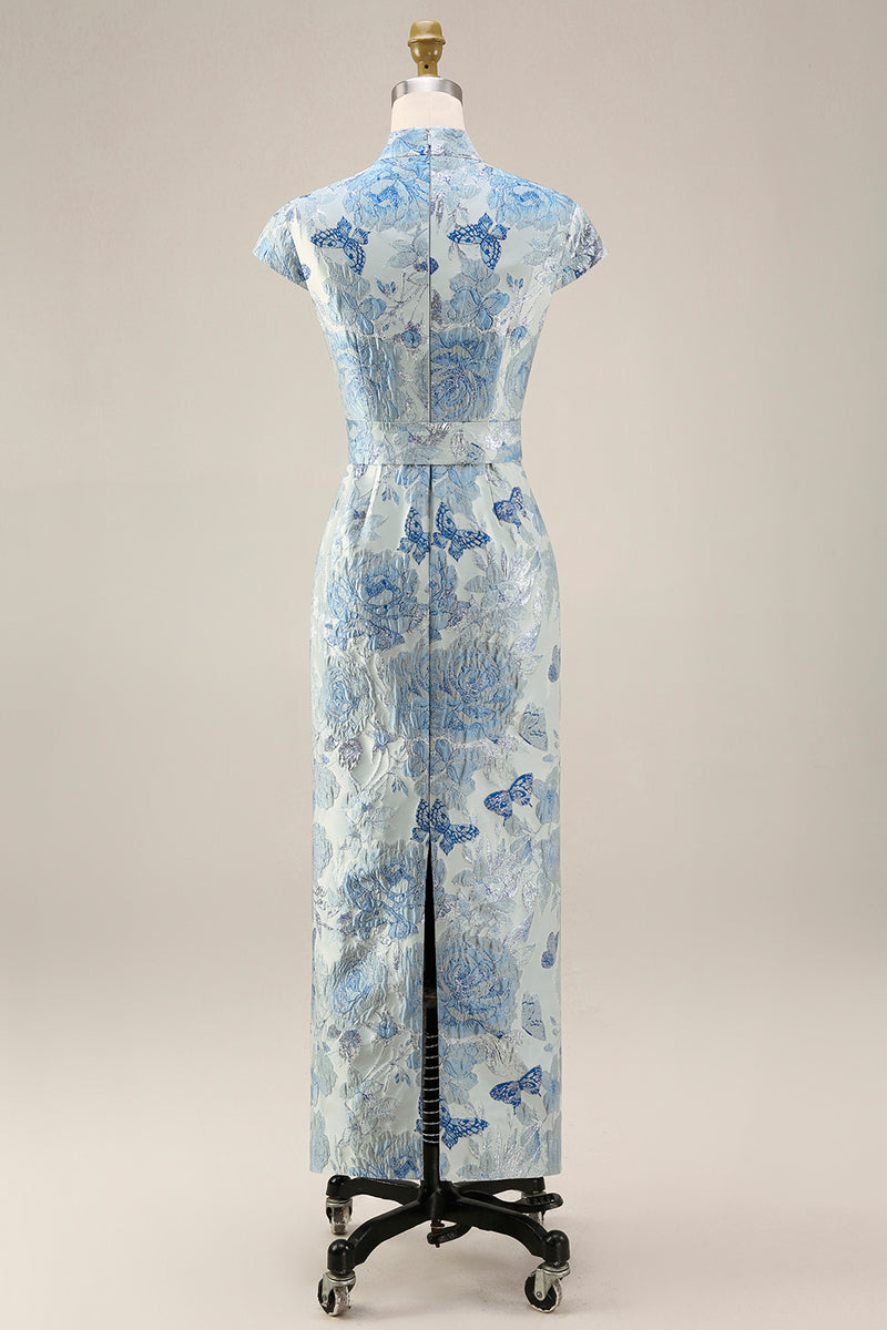 Load image into Gallery viewer, V-Neck Blue Sheath Floral Maxi Mother of the Bride Dress with Back Slit