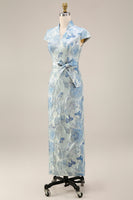 Load image into Gallery viewer, V-Neck Blue Sheath Floral Maxi Mother of the Bride Dress with Back Slit