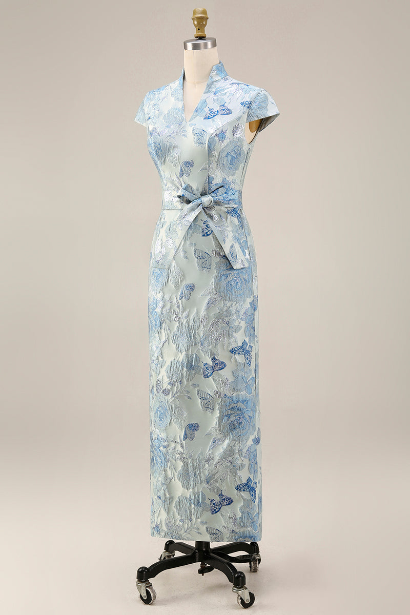 Load image into Gallery viewer, V-Neck Blue Sheath Floral Maxi Mother of the Bride Dress with Back Slit