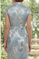 Load image into Gallery viewer, V-Neck Blue Sheath Floral Maxi Mother of the Bride Dress with Back Slit
