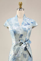 Load image into Gallery viewer, V-Neck Blue Sheath Floral Maxi Mother of the Bride Dress with Back Slit