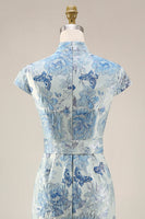 Load image into Gallery viewer, V-Neck Blue Sheath Floral Maxi Mother of the Bride Dress with Back Slit