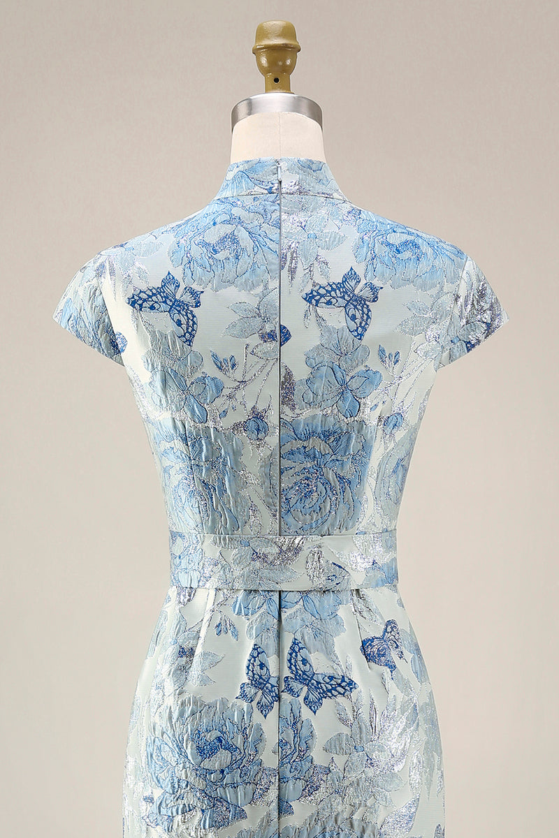 Load image into Gallery viewer, V-Neck Blue Sheath Floral Maxi Mother of the Bride Dress with Back Slit
