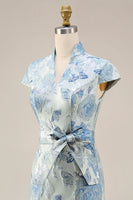 Load image into Gallery viewer, V-Neck Blue Sheath Floral Maxi Mother of the Bride Dress with Back Slit