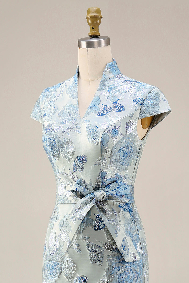 Load image into Gallery viewer, V-Neck Blue Sheath Floral Maxi Mother of the Bride Dress with Back Slit