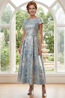 Load image into Gallery viewer, Floral Boat Neck Blue A Line Short Sleeves Maxi Mother of the Bride Dress