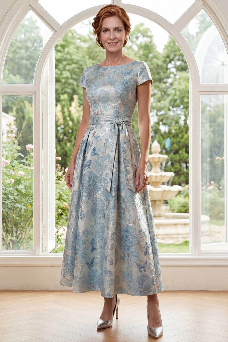 Load image into Gallery viewer, Floral Boat Neck Blue A Line Short Sleeves Maxi Mother of the Bride Dress