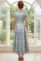 Load image into Gallery viewer, Floral Boat Neck Blue A Line Short Sleeves Maxi Mother of the Bride Dress