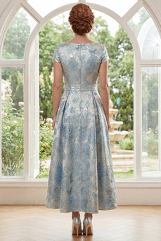 Floral Boat Neck Blue A Line Short Sleeves Maxi Mother of the Bride Dress