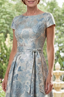 Load image into Gallery viewer, Floral Boat Neck Blue A Line Short Sleeves Maxi Mother of the Bride Dress