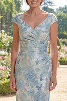 Load image into Gallery viewer, Cap Sleeves Blue Floral Mermaid Ruched Long Mother of the Bride Dress
