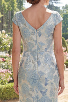 Load image into Gallery viewer, Cap Sleeves Blue Floral Mermaid Ruched Long Mother of the Bride Dress