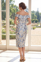 Load image into Gallery viewer, Bodycon Dusty Blue Floral Off the Shoulder Midi Mother of the Bride Dress