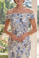 Load image into Gallery viewer, Bodycon Dusty Blue Floral Off the Shoulder Midi Mother of the Bride Dress